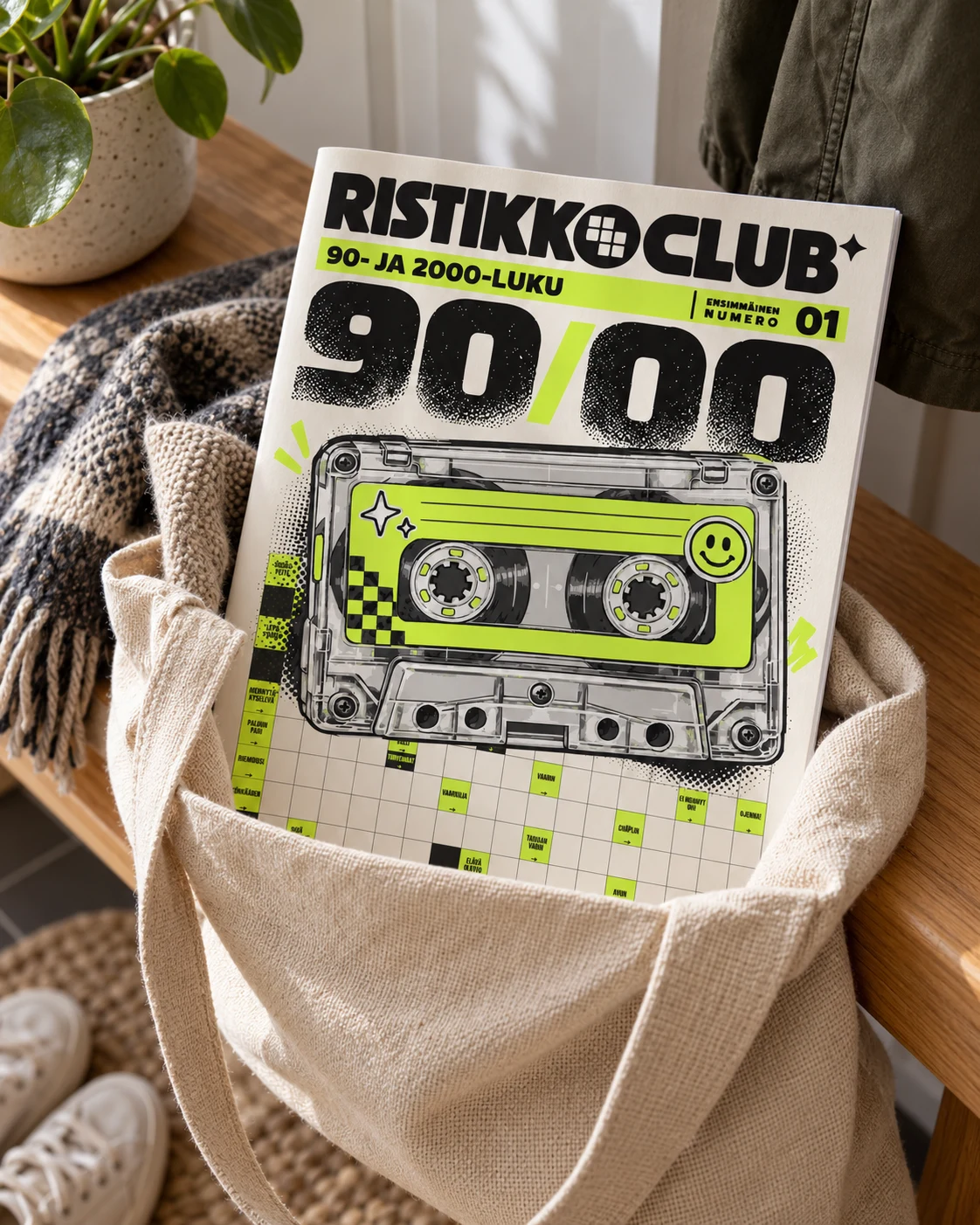 Ristikko Clubin lehti kangaskassissa valoisassa kodissa